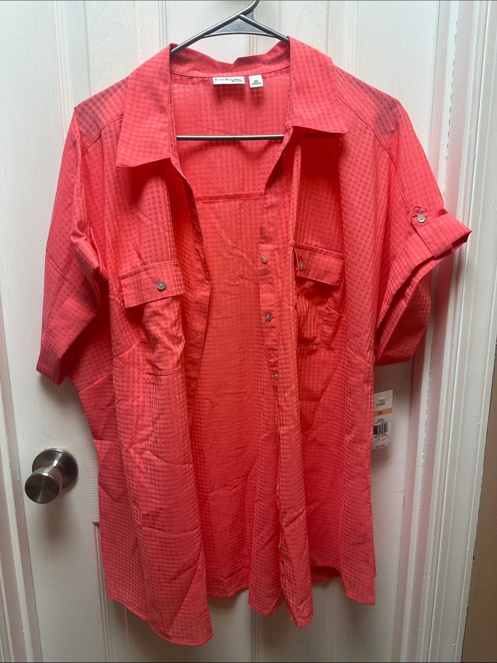 Kim Rogers Coral-Red Short Sleeve Button Front Blouse